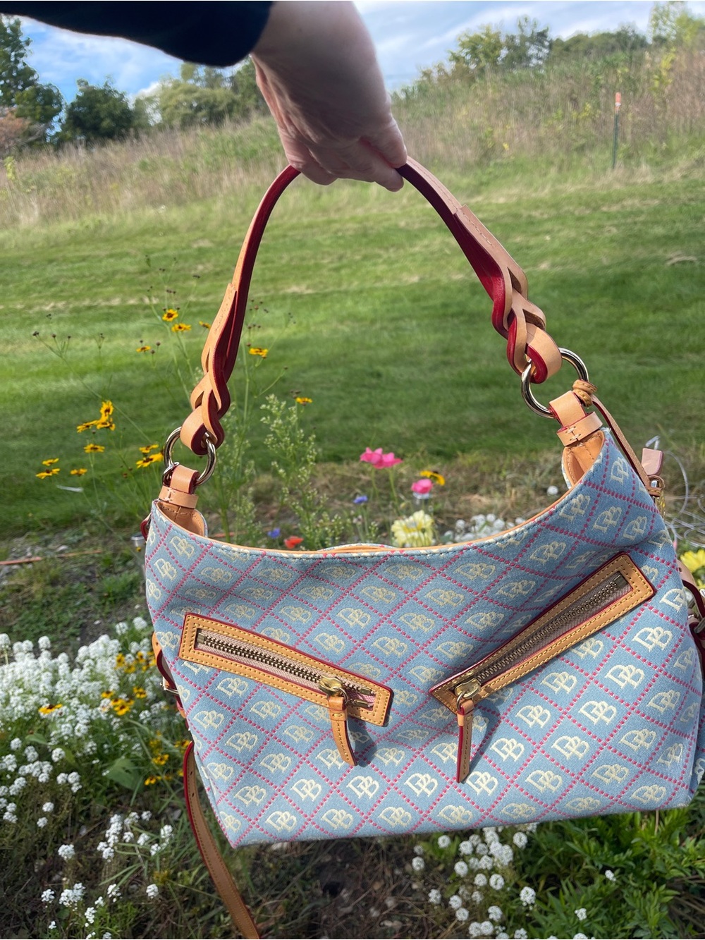 Dooney & Bourke Light Blue Patterned Shoulder Bag with Tan Trim and Red Handle